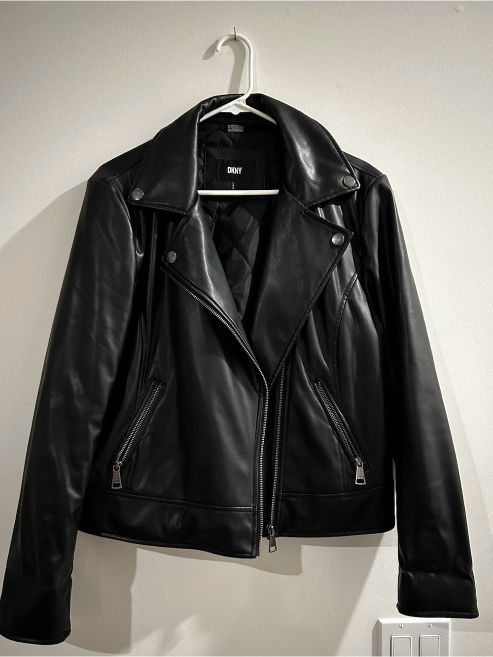 DKNY Black Faux Leather Moto Jacket with Silver Hardware